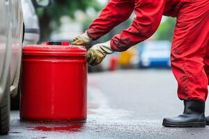 A man in red overalls is holding a red container photo