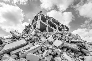 Black and white photo of a building that has been destroyed