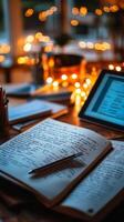 A cozy workspace features open notebooks filled with handwritten notes, a tablet displaying information, and twinkling warm lights creating a relaxed atmosphere photo