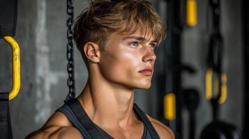 A young man with chiselled features concentrates on strength training in a well-equipped gym, showcasing determination and discipline during his morning workout photo