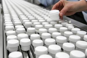 A person is picking up a white container from a conveyor belt photo
