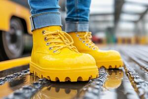 A person wearing yellow boots standing on a platform photo