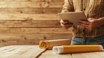 A person stands in a construction office, reviewing blueprints on a tablet while rolled blueprints rest on the wooden table, suggesting project planning photo