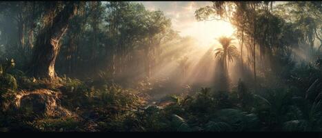 Sunlight breaks through the thick canopy, illuminating vibrant greenery and majestic trees in a serene jungle during early morning hours photo