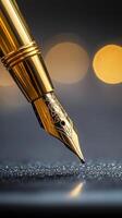 A golden fountain pen rests on a glistening surface, ready to create art, with blurred lights softly illuminating the background photo