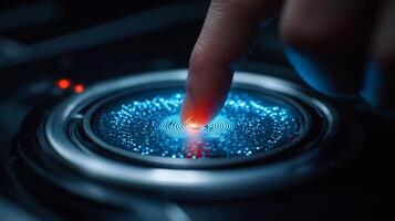 A fingertip gently touches a high-tech touch interface, lighting up dynamic patterns in vivid colors. The setting is dark, highlighting the glowing effects photo