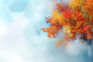 A tree with orange leaves and a blue sky photo