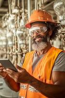 Supervisor uses a digital tablet to check production metrics and safety compliance on the manufacturing floor while wearing protective gear and a cheerful expression photo