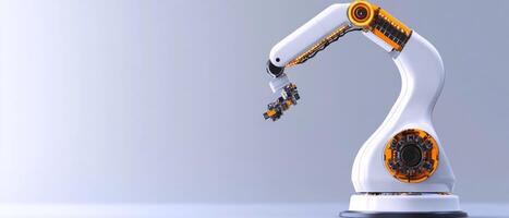 A robotic arm with orange and white design skillfully grabs a small object in a clean, well-lit workspace, showcasing advanced automation technology photo