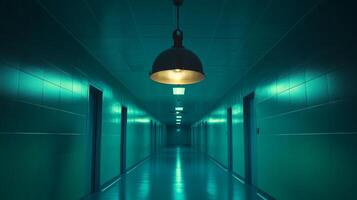 A long corridor features teal walls and multiple doors, illuminated by a single overhead light that enhances the unsettling ambiance of the space photo