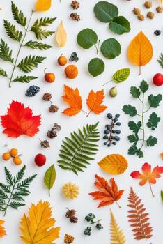 Various autumn leaves and natural elements are artistically arranged on a white background, showcasing vibrant colors and textures found during the fall season photo