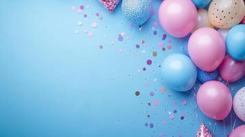 Brightly colored balloons in shades of pink and blue accompanied by sparkling confetti are arranged for a joyous celebration, setting a cheerful mood photo