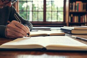 Man writing in a book photo