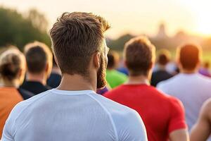 A man is standing in front of a crowd of runners photo
