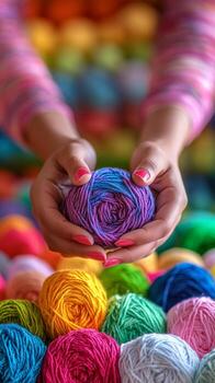 A person holds a vibrant purple yarn ball in both hands, surrounded by an array of colorful yarns in a well-lit crafting area, showcasing creativity and craft photo