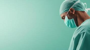 A skilled surgeon in surgical scrubs and mask prepares for an operation, demonstrating concentration and professionalism in a contemporary medical environment photo