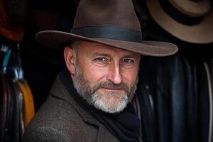 A man with a beard and hat standing in front of a rack of hats photo