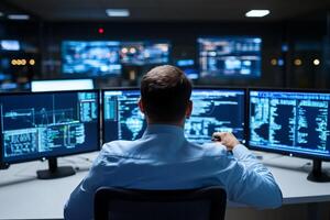 A man sitting at a desk with multiple computer screens photo