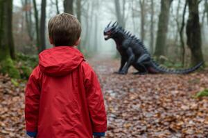 A boy in a red jacket is looking at a monster in the woods photo