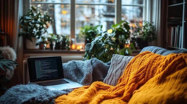 A warm and inviting workspace features a laptop resting on a couch, covered in soft, colorful blankets, surrounded by greenery during twilight photo