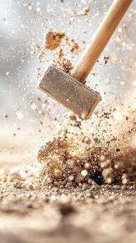 A blacksmith works diligently in a workshop, striking hot metal on an anvil with a hammer, generating sparks and dust, showcasing skill and craftsmanship photo