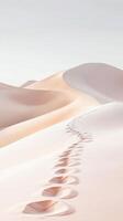Footprints lead through the undulating sand dunes of a calm desert, illuminated by the soft glow of the golden hour, highlighting the beauty of nature's landscape photo