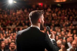 A man in a suit is speaking into a microphone photo
