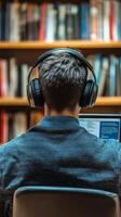 Engaged in study, an individual sits at a desk with a laptop, wearing headphones, focused on coursework in a quiet library filled with bookshelves photo
