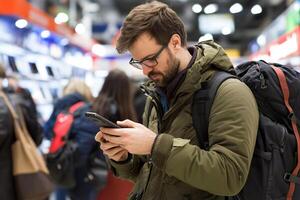 A man with a backpack and a phone in a store photo