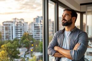 A man with a beard standing in front of a window looking out at the city photo
