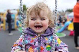 A smiling toddler on a swing at a playground photo