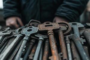 A person standing in front of a pile of old keys photo