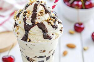 A sundae with chocolate and nuts in it photo