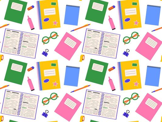 Seamless pattern of school stationery items. illustration for educational designs and back to school themes