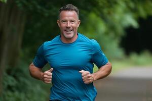A man running on a path in the woods photo