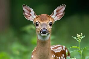 A fawn is standing in the grass with its eyes open photo