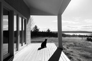 A black and white photo of a cat sitting on a porch