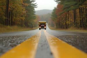 A truck driving down a wet road in the woods photo