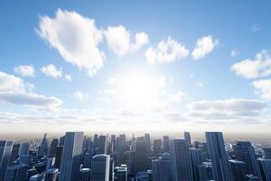 A cityscape with clouds and sun in the sky photo