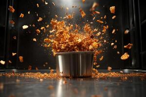 A bowl of cornflakes is being thrown into the air photo