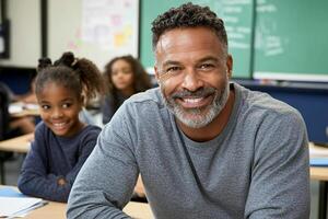 A man smiling in front of a classroom with children photo