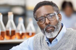 An older man with glasses and beard sitting in front of a lab photo