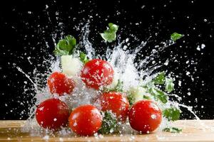 Tomatoes are being splashed with water on a cutting board photo