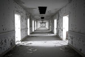 A long hallway with a light shining through the windows photo