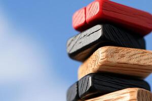 A stack of wooden blocks with a red and black one photo