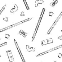 Seamless pattern of hand drawn pencils in black and white. This intricate line art design perfect for stationery, wrapping paper, and school themed projects. With a white isolated background vector