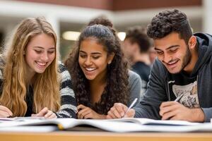 Three students are smiling while writing in a classroom photo
