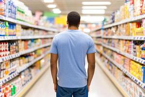 A man is standing in the aisle of a grocery store photo