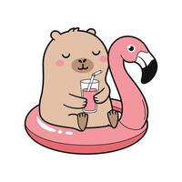 Cute Capybara on Flamingo Float with Drink Cartoon Illustration vector