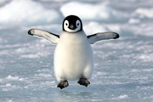 A penguin is jumping on the ice photo
